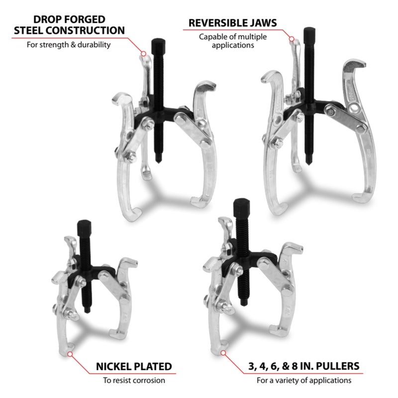 Performance Tool W134DB 3 Jaw Gear Puller Set  4-Piece Set (Sizes: 3  4  6 and 8-Inch)  with Reversible Design for Vehicle Maintenance and Repair  Drop-Forged Steel  Chrome Plating - Image 3